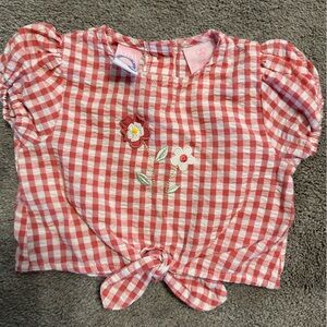 Baby Q shirt coral and white gingham with embroidered flowers Size 18 months